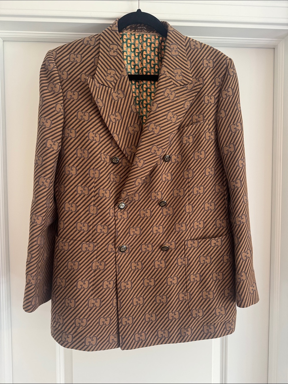 Gucci GG Monogram Double Breasted Blazer IT 48 Authenticated w/ Custom Buttons